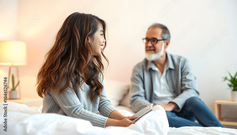 Fototapeta premium Smiling teenage girl talking to psychologist while they sitting on bed in the room isolated with white highlights, png