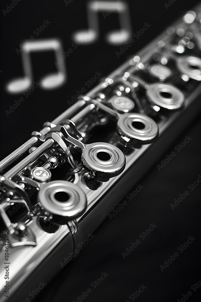 Fototapeta premium Elegantly Designed Silver JL Smith Flute on a Music Themed Background Ready to Play Melodious Tunes