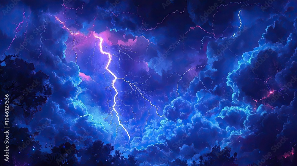Dramatic lightning strikes amid vibrant clouds at night, creating a stunning atmosphere. Dramatic lightning strikes amid vibrant clouds at night, creating a stunning atmosphere.