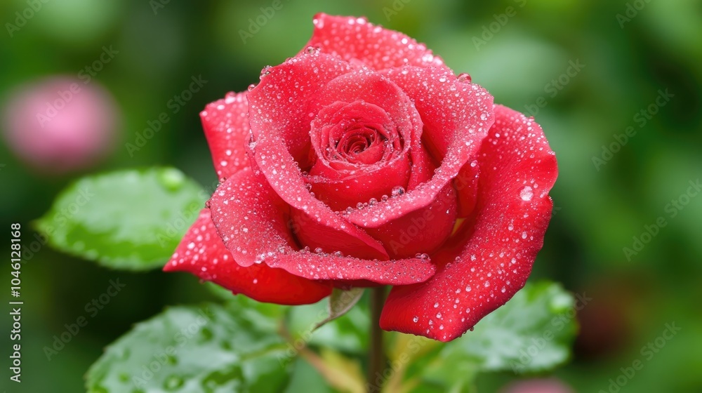 Fresh Red Rose with Dew in Garden Setting Fresh Red Rose with Dew in Garden Setting