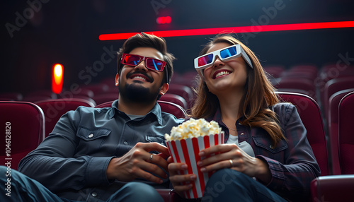 A couple in love watching a movie. Watching a movie in a cinema with popcorn and 3D glasses isolated with white highlights, png