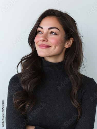 A friendly customer service woman smiling while looking forward, on the right side, with a neutral, blank background.