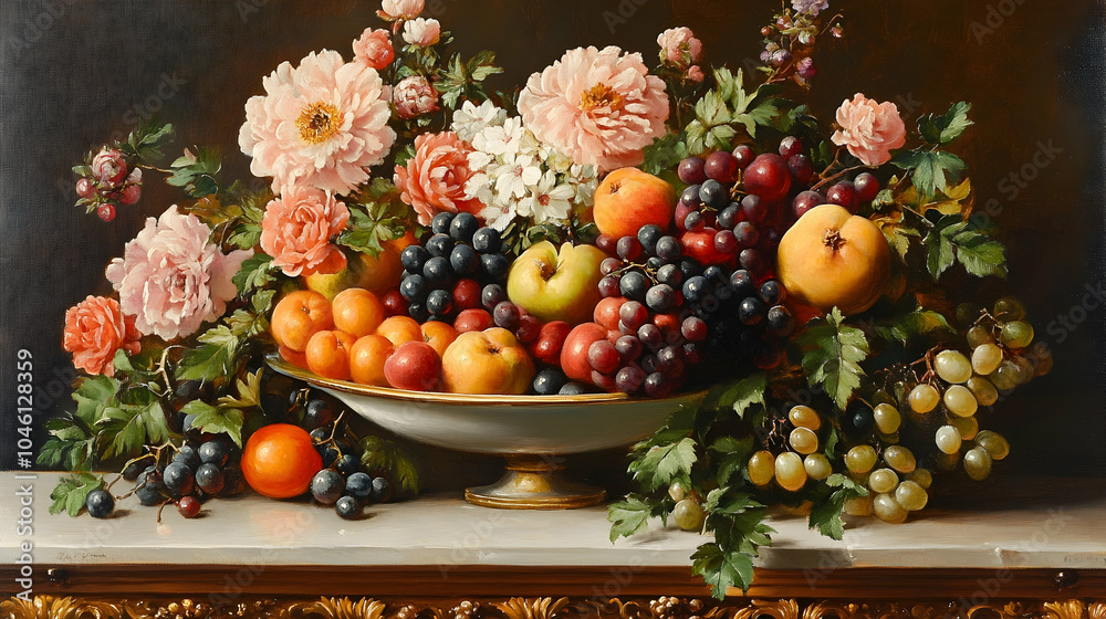 Still life painting of a bowl overflowing with fresh fruit and delicate flowers. Still life painting of a bowl overflowing with fresh fruit and delicate flowers.