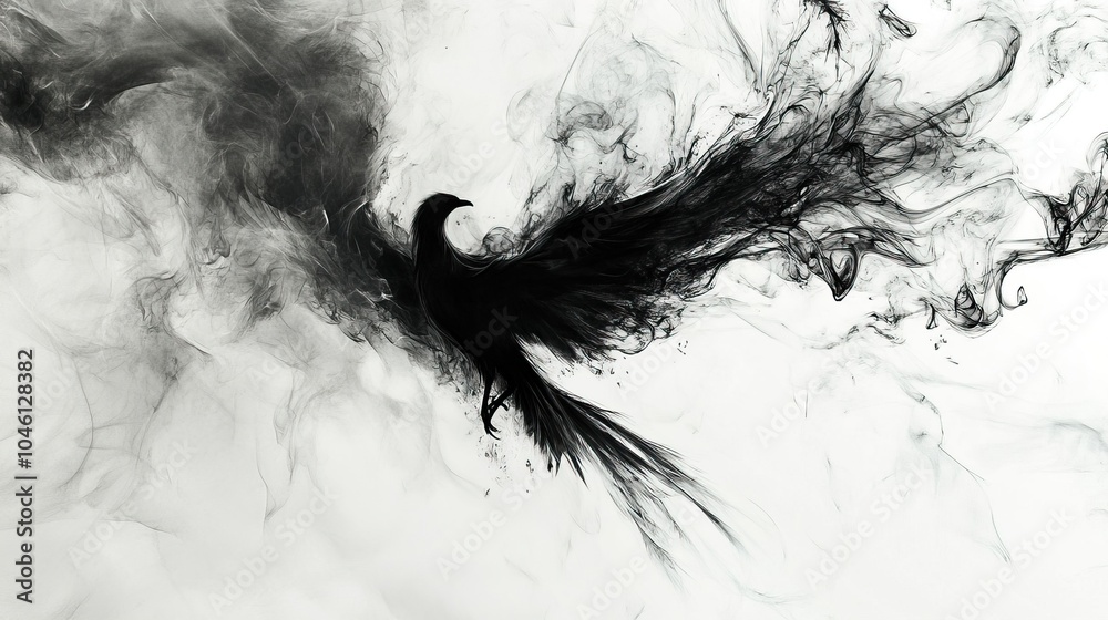 Abstract Black Ink Bird with Spreading Wings Abstract Black Ink Bird with Spreading Wings