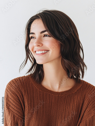 A friendly woman in online customer service smiling and looking forward, on the right, with a minimal, empty background.