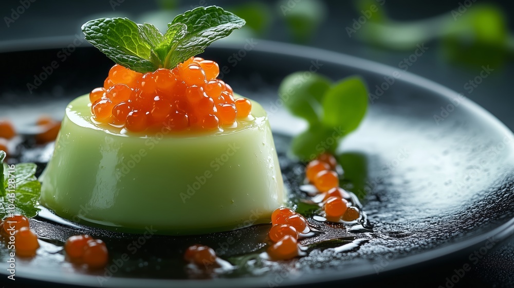 Close up of a green mini dessert with orange caviar and a mint leaf on a black plate Close up of a green mini dessert with orange caviar and a mint leaf on a black plate