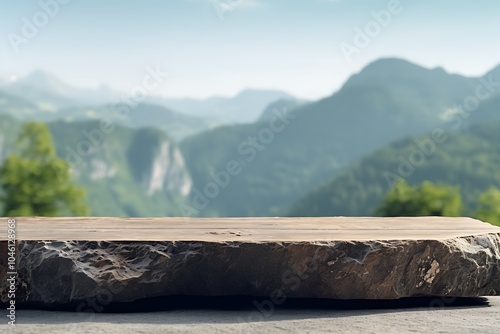 Stone Tabletop with Mountain Range Background photo