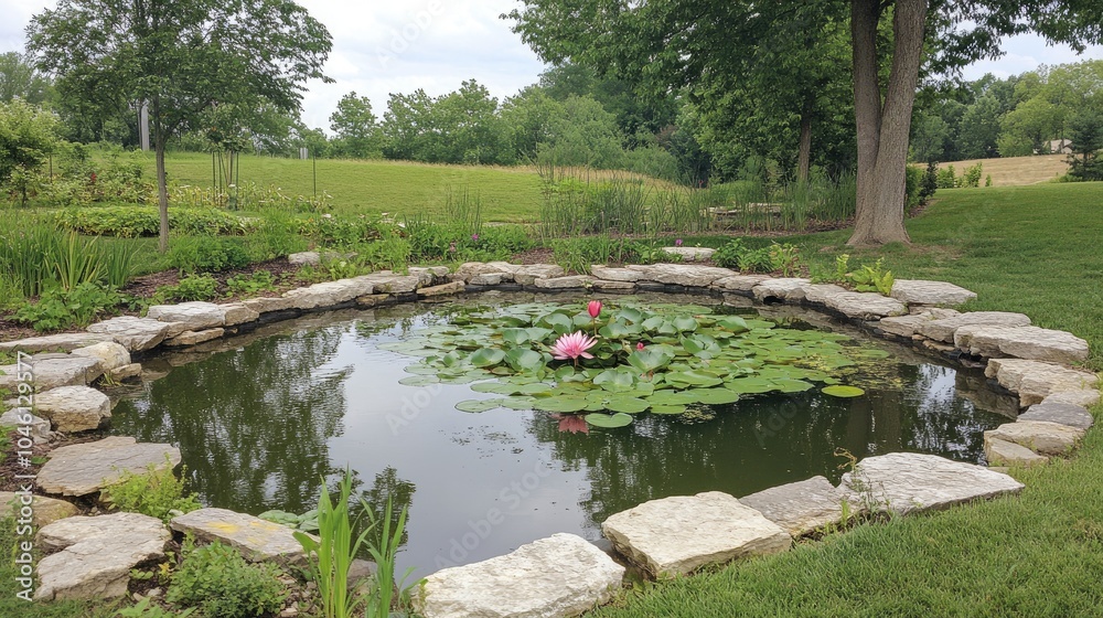 Fototapeta premium Tranquil Garden Pond with Water Lilies