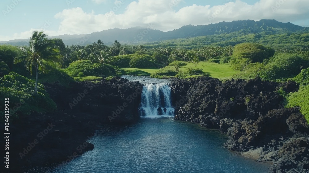 Fototapeta premium Serene Waterfall in Lush Green Landscape