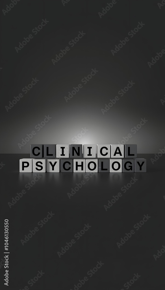 clinical psychology word or concept represented by black and white letter cubes on a grey horizon background stretching to infinity isolated with white highlights, png clinical psychology word or concept represented by black and white letter cubes on a grey horizon background stretching to infinity isolated with white highlights, png