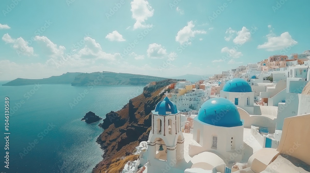 Fototapeta premium Scenic View of Santorini with Blue Dome Houses