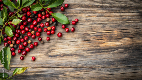 Szechuan pepper Zanthoxylum piperitum fruits against isolated on a wooden table photo