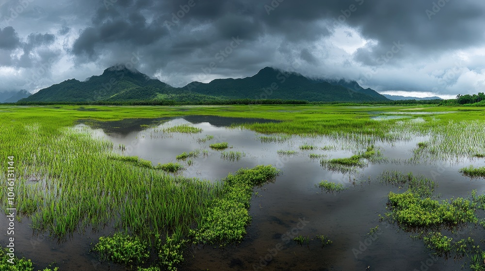 Fototapeta premium Lush Wetland with Dramatic Sky and Mountain Backdrop