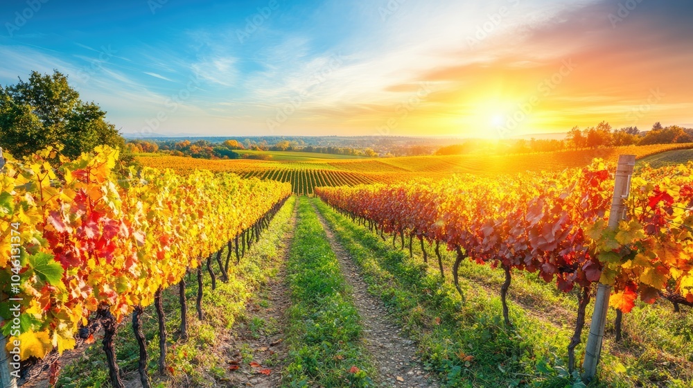 Naklejka premium Serene Vineyard at Sunset with Vibrant Colors