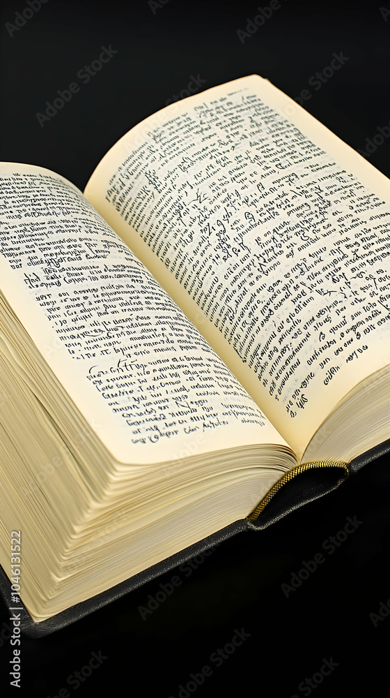 An open book with pages filled with text. An open book with pages filled with text.