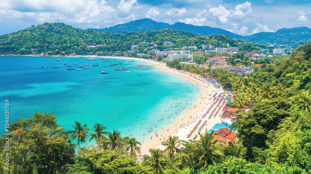 Naklejka premium Serene Beach Landscape with Turquoise Waters and Palm Trees