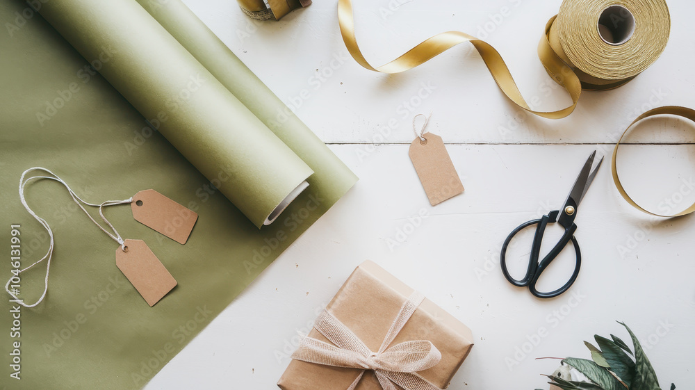 Gift preparation station with wrapping paper, scissors, and tags