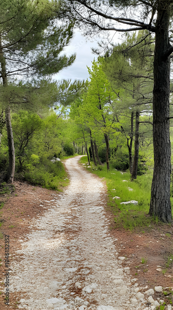 Fototapeta premium Winding dirt path through a lush green forest.