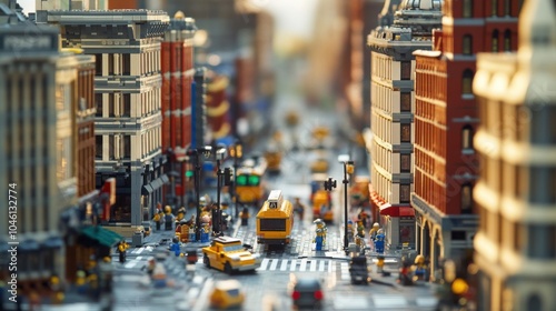 A bustling city street recreated with miniature building blocks, Urban buildings and landmarks meticulously crafted, Urban cityscape style photo