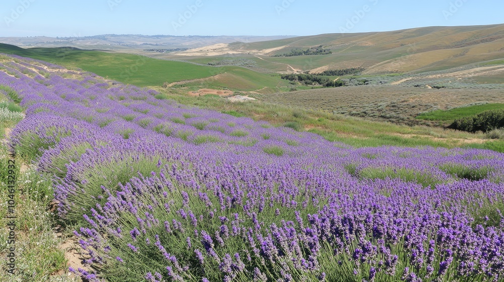 Fototapeta premium Lavender Fields in Bloom Under Clear Blue Sky