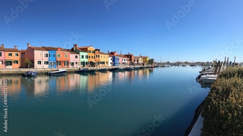 Colorful Houses by Calm Canal in Burano, Italy