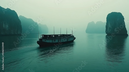 Serene Boat Journey in Mysterious Waterscape