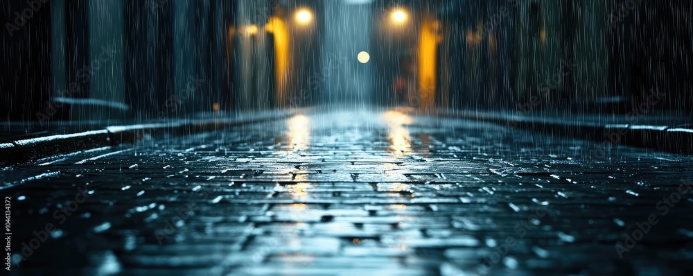 Rainy street with illuminated lamps and wet cobblestones, atmospheric night scene. Rainy street with illuminated lamps and wet cobblestones, atmospheric night scene.
