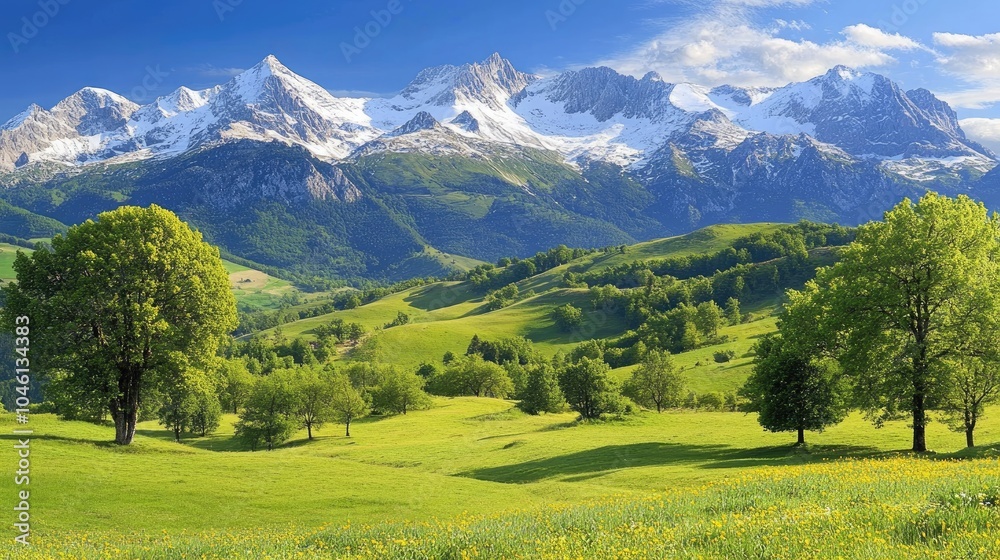 Fototapeta premium Scenic Mountain Landscape with Lush Green Fields