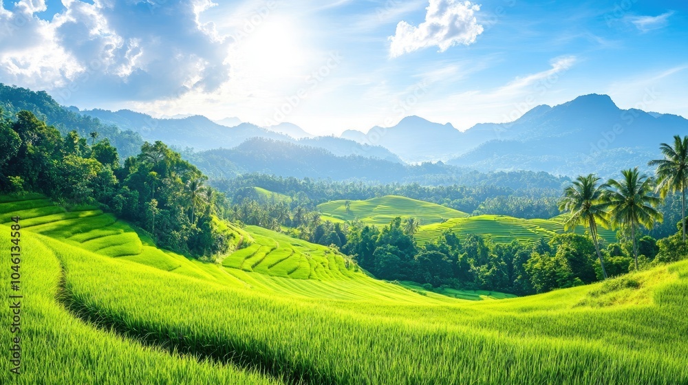 Fototapeta premium Lush Green Rice Fields Under Bright Sky