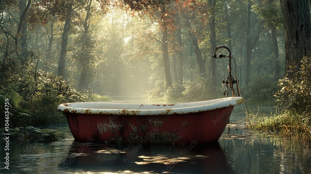 Forgotten Bathtub in a Misty Forest: A Surreal Landscape Forgotten Bathtub in a Misty Forest: A Surreal Landscape