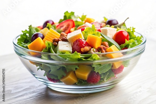 Sweet salad in glass bowl on white background