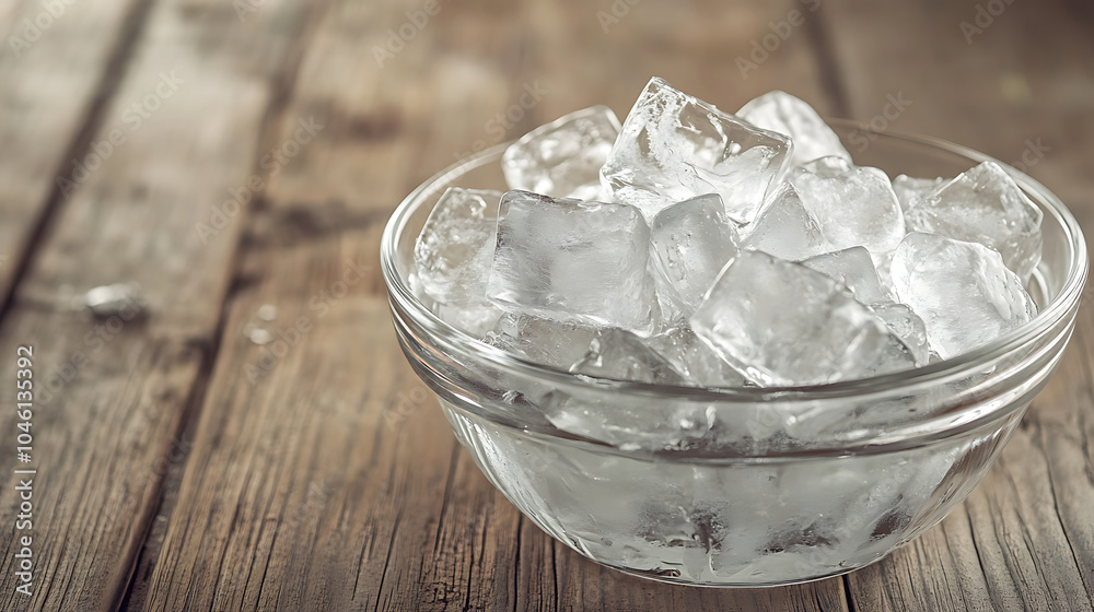 ice cubes in the bowl isolated on a wooden table