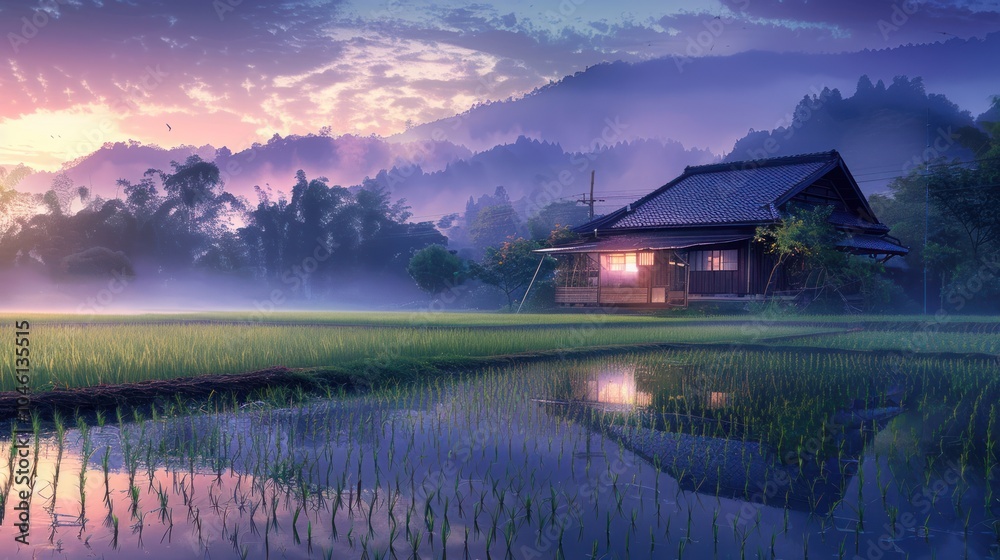 Fototapeta premium Serene Sunrise over Rice Paddy and Japanese House