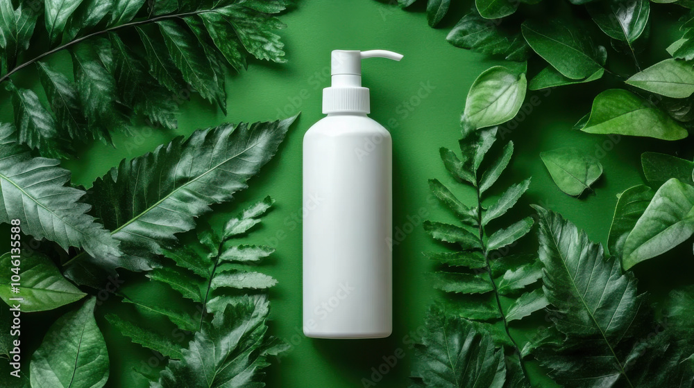 Mockup cosmetics bottle with dispenser. White plastic cream container and green monstera leaves Mockup cosmetics bottle with dispenser. White plastic cream container and green monstera leaves