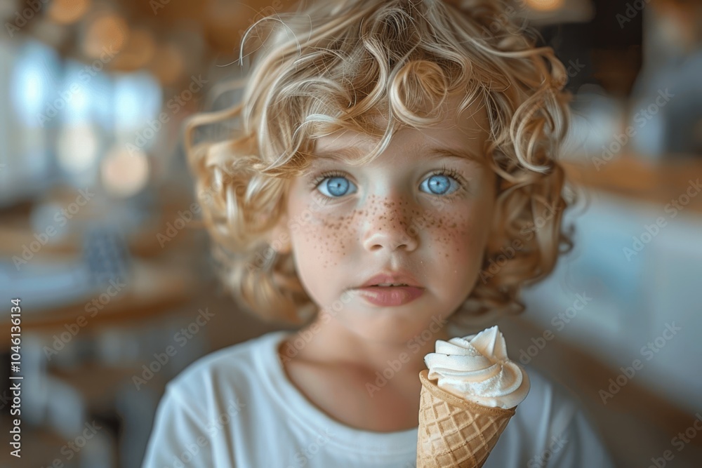 Blond Boy with Ice Cream Cone in Restaurant Blond Boy with Ice Cream Cone in Restaurant