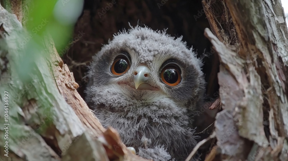 Curious Baby Owl chick looking out of its nest Curious Baby Owl chick looking out of its nest