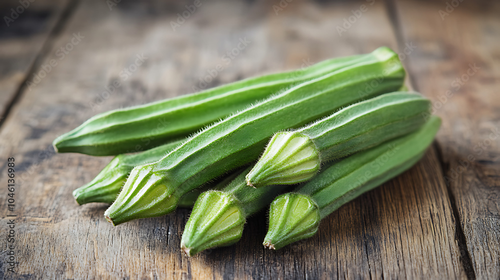 fresh okra or green roselle isolated on a wooden table fresh okra or green roselle isolated on a wooden table
