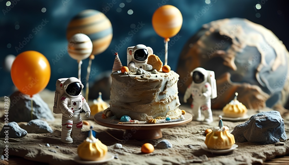 Obraz premium A cosmic celebration astronauts gather around a planetary-themed cake surrounded by celestial delights and festive balloons in outer space