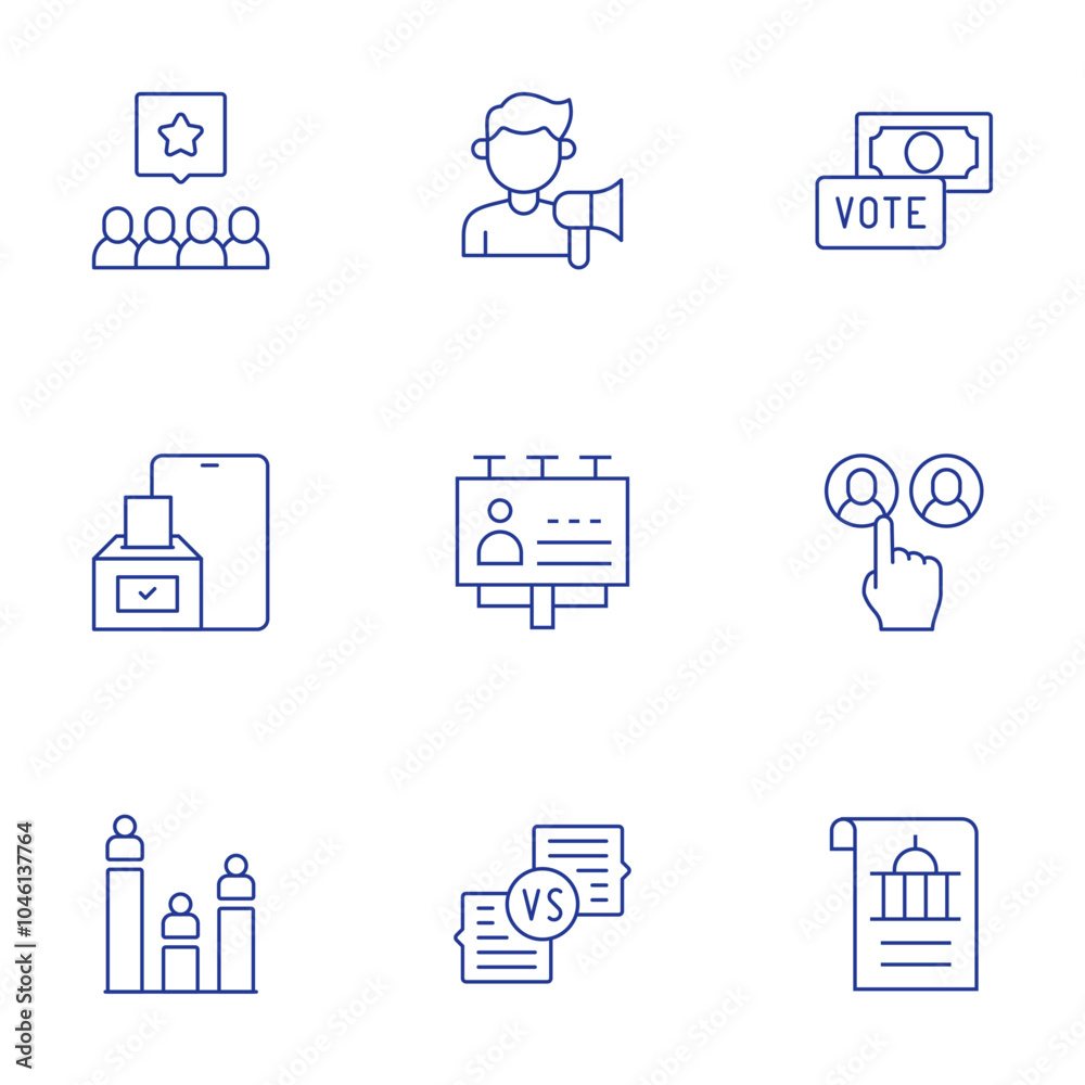 Democracy icons set. Thin Line style, editable stroke. activism, campaign, debate, bribe, candidates, declaration, group, online voting, polling Democracy icons set. Thin Line style, editable stroke. activism, campaign, debate, bribe, candidates, declaration, group, online voting, polling