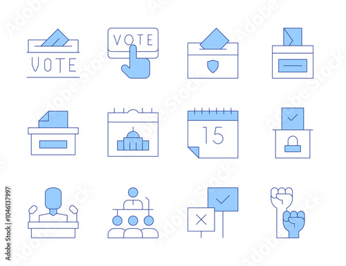 Democracy icons. Line Duotone style, editable stroke. vote, ballot box, podium, calendar, candidate, international day of democracy, activism