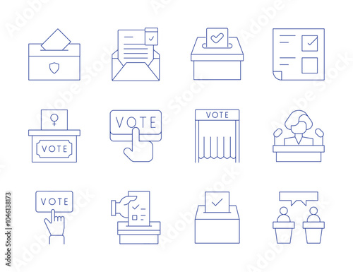 Democracy icons. Thin Line style, editable stroke. vote, voting booth, ballot, candidate, debate, democracy, invitation, referendum