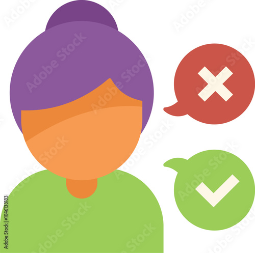 Conceptual illustration of a woman making a decision with speech bubbles showing check and cross marks