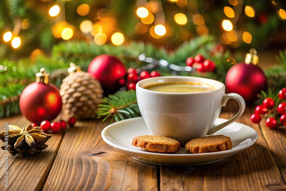 Still life image of coffee cup with cookies and festive Christmas decorations Still life image of coffee cup with cookies and festive Christmas decorations