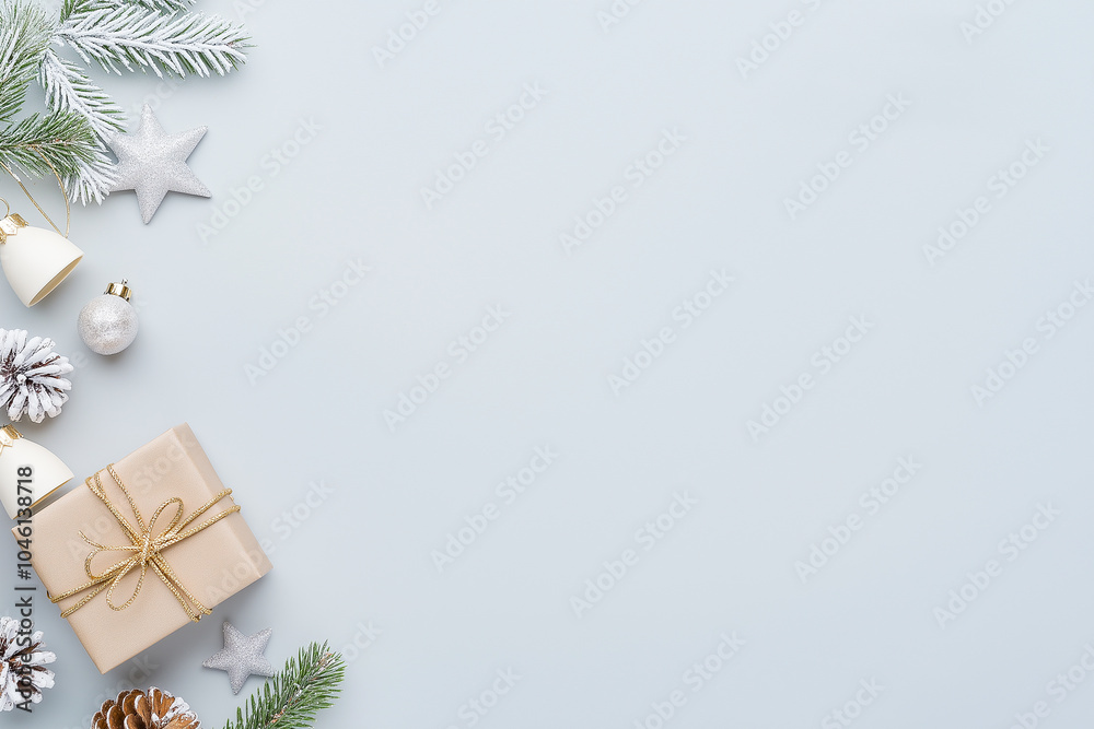 Fototapeta premium シンプルでエレガントなクリスマスのギフトとオーナメントの背景