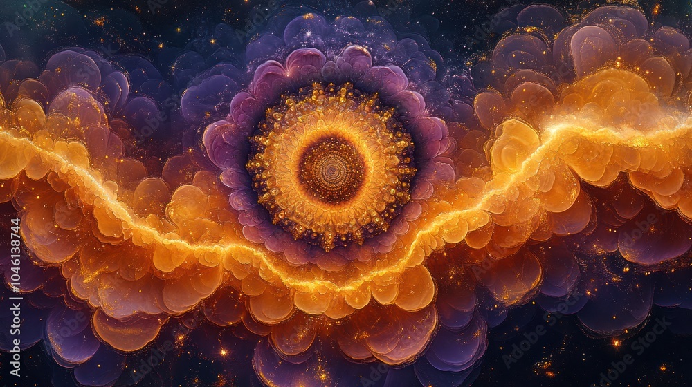 A mandala pattern in intricate, delicate lines and shades of gold and purple. A mandala pattern in intricate, delicate lines and shades of gold and purple.