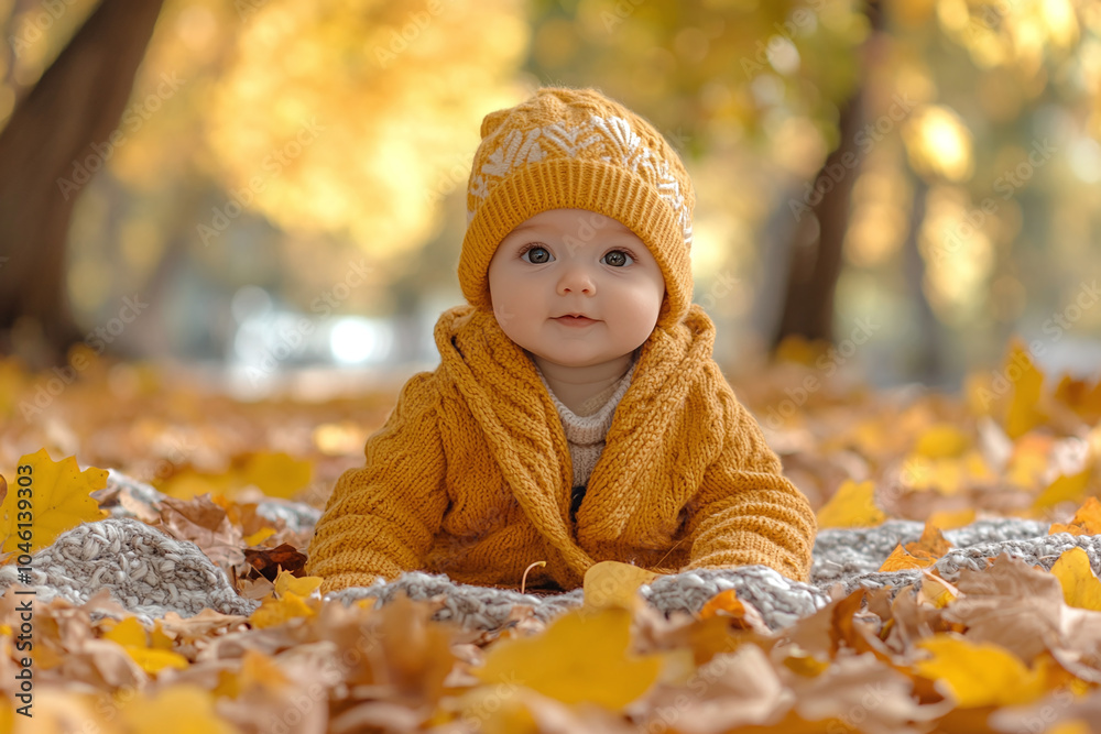 A baby dressed warmly for a fall day, sitting on a blanket surrounded by leaves A baby dressed warmly for a fall day, sitting on a blanket surrounded by leaves