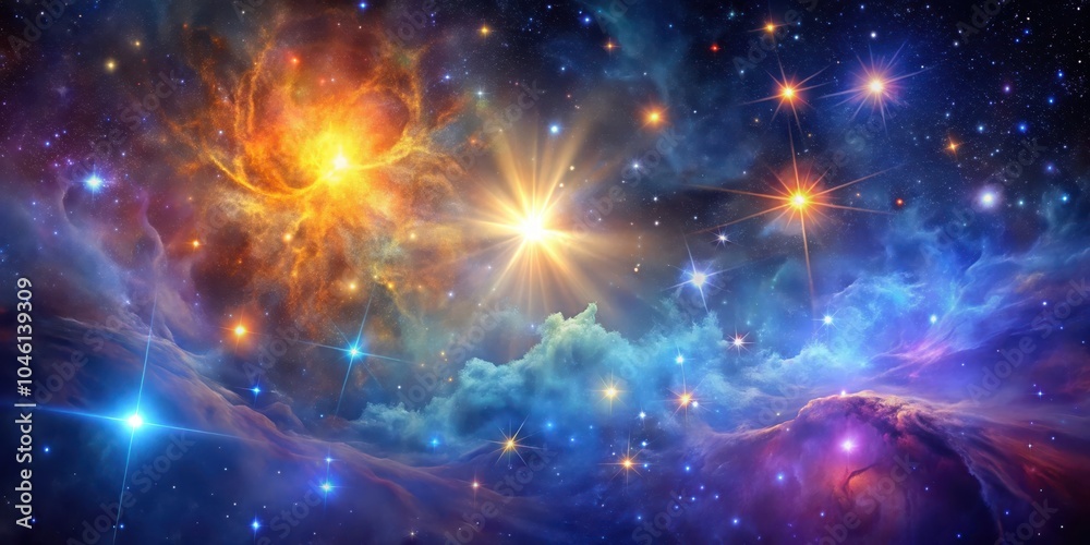 A celestial tapestry of vibrant nebulae and sparkling stars, painted in shades of orange, blue, and purple, with rays of light emanating from a distant star.