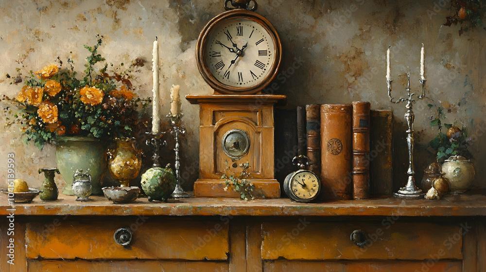 A still life with a clock, candles, books, and flowers on a wooden table. A still life with a clock, candles, books, and flowers on a wooden table.