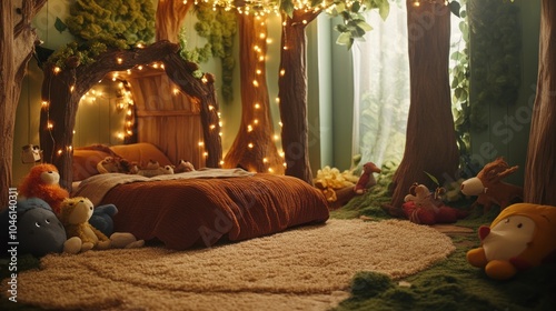 Cozy bedroom with a magical forest theme, featuring a plush bed, fairy lights, and whimsical stuffed animals. photo