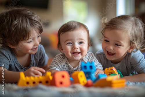 A baby interacting with older siblings, sharing toys and laughing together.